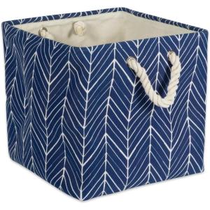 imageDII Polyester Container with Handles Herringbone Storage Bin Small Off WhiteNautical Blue
