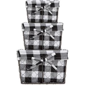 imageDII Farmhouse Chicken Wire Storage Baskets with Liner Set of 3Vintage Black Check Assorted SizesVintage Black Check