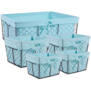 imageDII Farmhouse Chicken Wire Storage Baskets with Liner Set of 5 Vintage Black Check Assorted SizesRustic Aqua