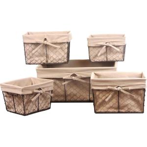 imageDII Farmhouse Chicken Wire Storage Baskets with Liner Set of 5 Vintage Black Check Assorted SizesRustic Natural