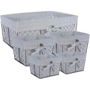 imageDII Farmhouse Chicken Wire Storage Baskets with Liner Set of 5 Vintage Black Check Assorted SizesRustic Ticking Stripe
