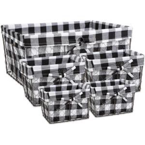 imageDII Farmhouse Chicken Wire Storage Baskets with Liner Set of 5 Vintage Black Check Assorted SizesVintage Black Check