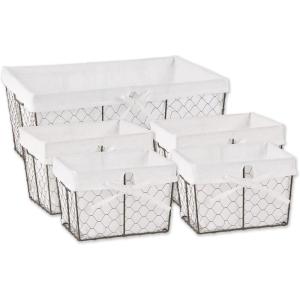 imageDII Farmhouse Chicken Wire Storage Baskets with Liner Set of 5 Vintage Black Check Assorted SizesVintage Bleached White