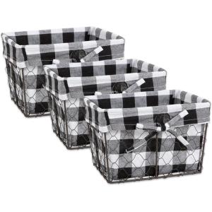 imageDII Farmhouse Chicken Wire Storage Baskets with Liner Small Rustic Black ampamp White Ticking Stripe 9x7x6quot 3 PieceVintage Black  White Check