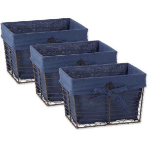 imageDII Farmhouse Chicken Wire Storage Baskets with Liner Small Rustic Black ampamp White Ticking Stripe 9x7x6quot 3 PieceVintage French Blue