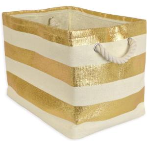 imageDII Durable Woven Striped Storage Bin Collapsible with Soft Rope Handles Reinforced with Metal Grommets Medium 15x10x12 PinkGold