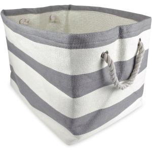 imageDII Durable Woven Striped Storage Bin Collapsible with Soft Rope Handles Reinforced with Metal Grommets Medium 15x10x12 PinkGray