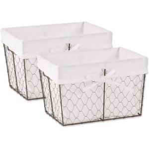 imageDII Farmhouse Chicken Wire Storage Baskets with Liner Medium Antique Black ampamp White Gingham Check 11x788x7quot 2 PieceVintage Bleached White