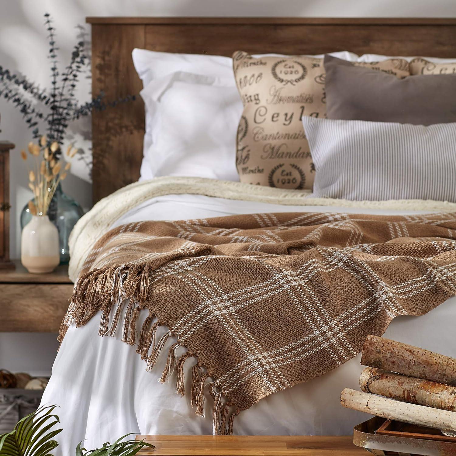 imageDII Modern Farmhouse Plaid Collection Cotton Fringe Throw Blanket 50x60 WhiteStoneStoneOffwhite