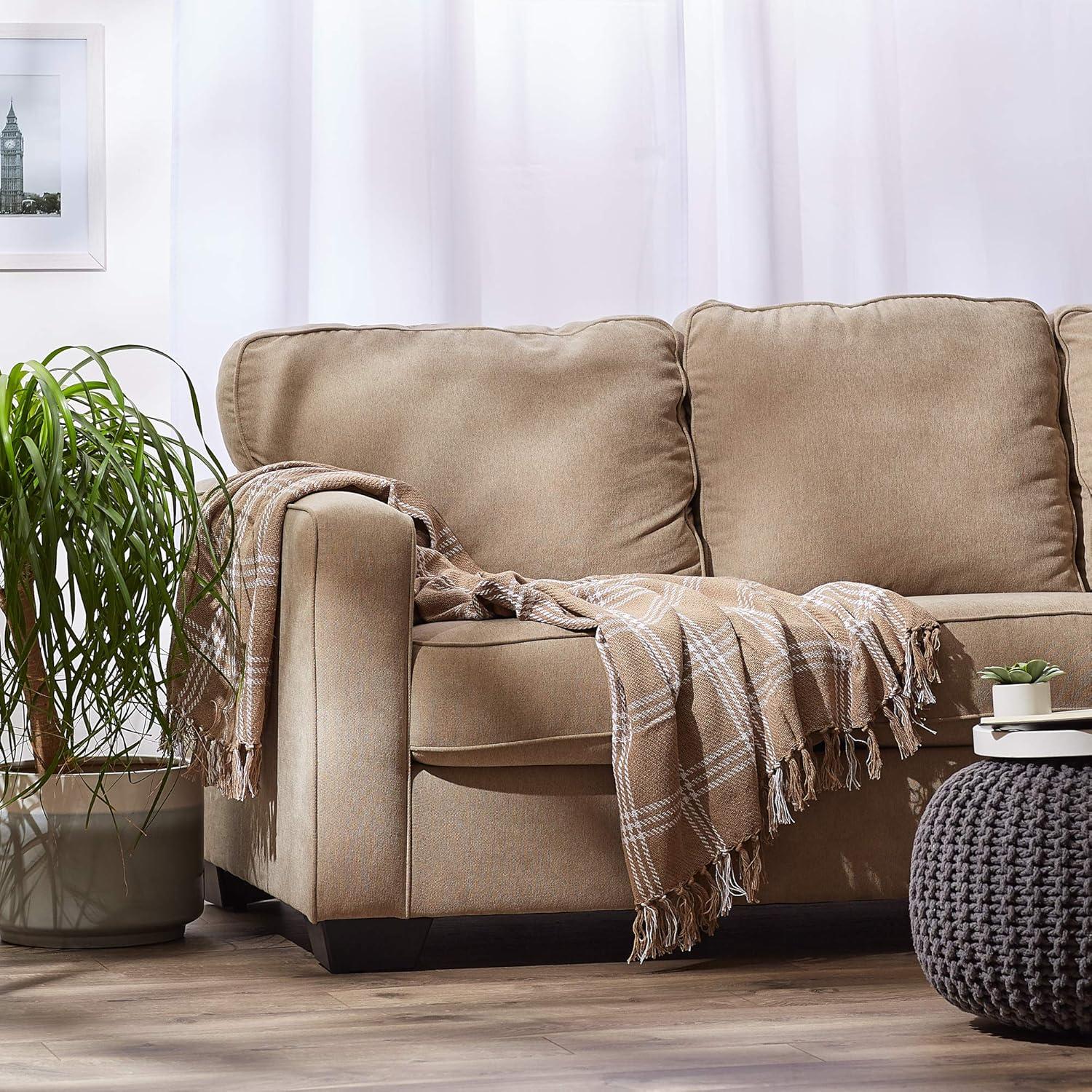 imageDII Modern Farmhouse Plaid Collection Cotton Fringe Throw Blanket 50x60 WhiteStoneStoneOffwhite