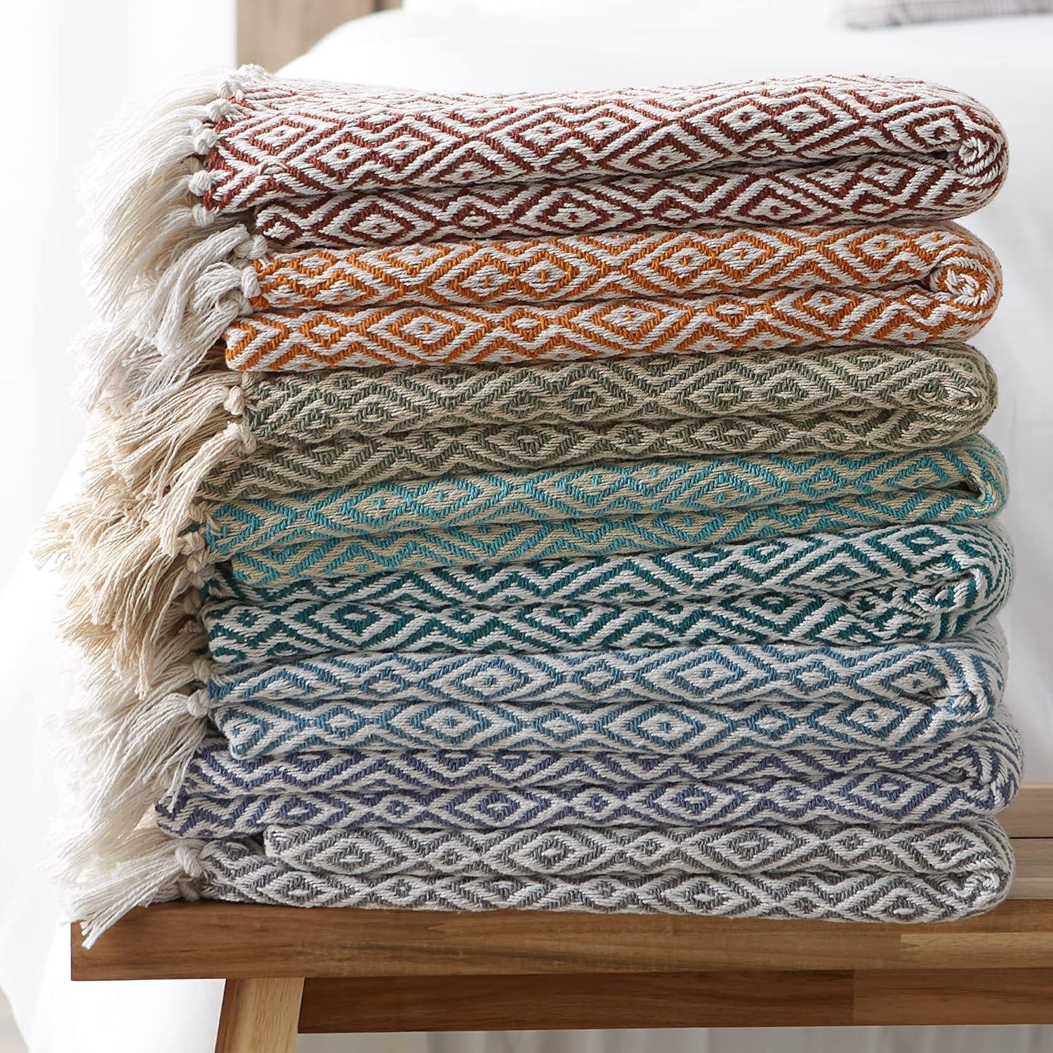 imageDII Rustic Farmhouse Double Diamond Woven Throw 50x60 French BlueArtichoke Green
