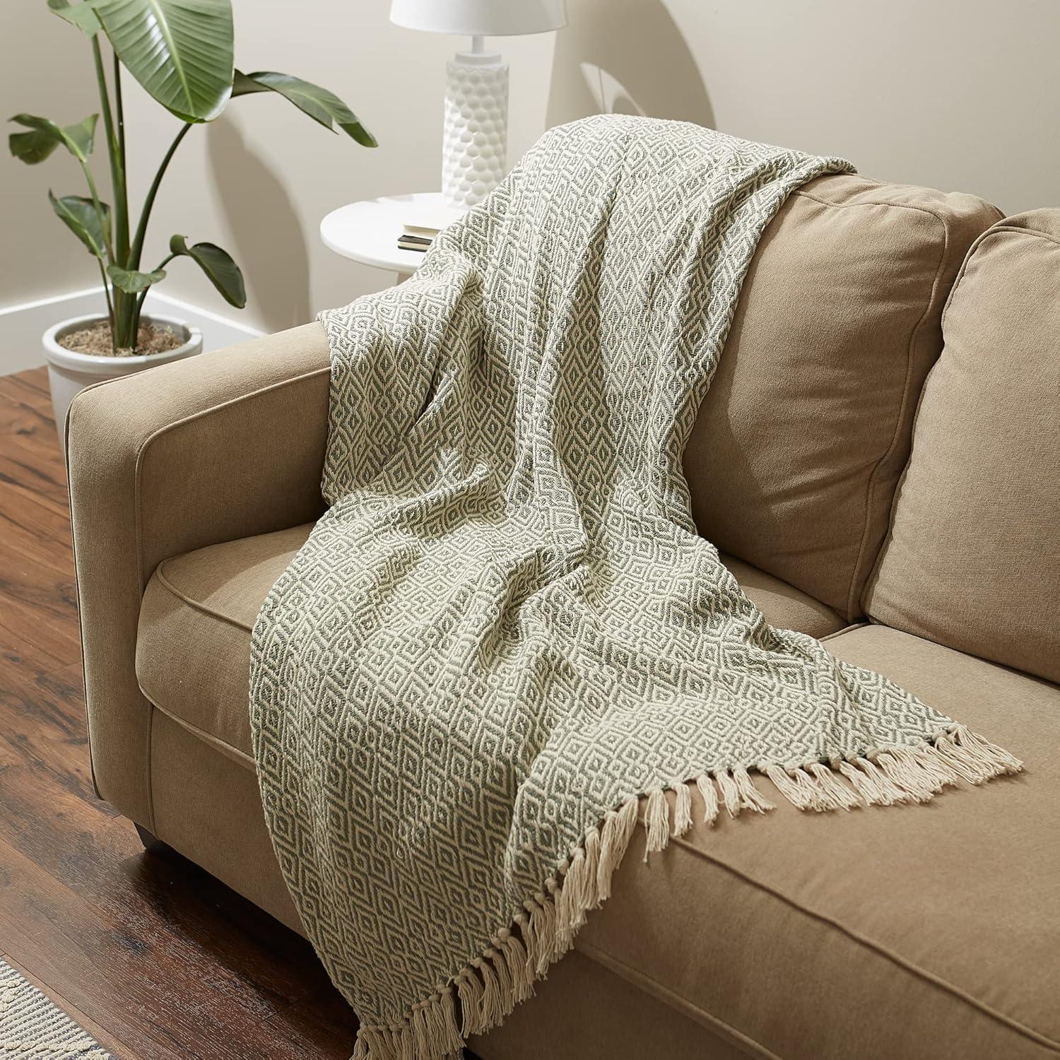 imageDII Rustic Farmhouse Double Diamond Woven Throw 50x60 French BlueArtichoke Green