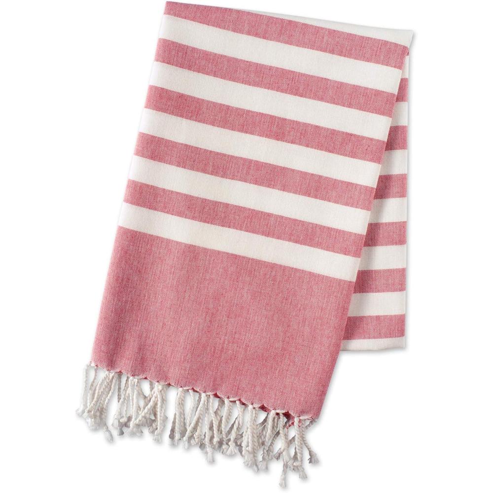 image100 Cotton Soft ampamp Absorbent Decorative Turkish Fouta Towel with Twisted Fringe for Home Beach Pool or Dcor Use As Blanket or Throw  Coral StripeCoral