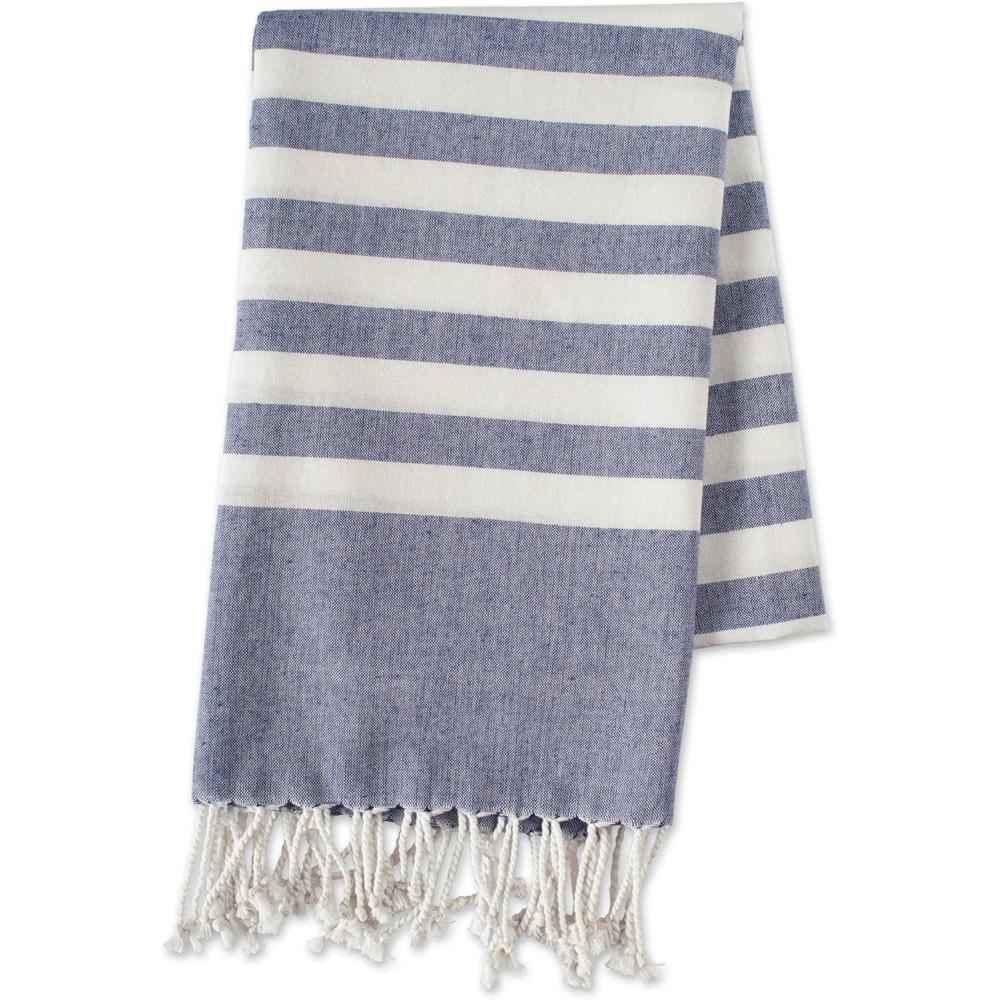 image100 Cotton Soft ampamp Absorbent Decorative Turkish Fouta Towel with Twisted Fringe for Home Beach Pool or Dcor Use As Blanket or Throw  Coral StripeNautical Blue