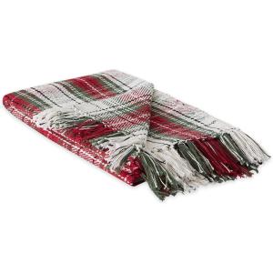 imageDII Christmas Plaid Dcor Collection Recycled Cotton Throw Size Holiday Blankets 50x60 Tartan Holly RedCozy White