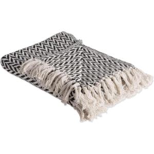 imageDII Modern Zig Zag Throw Blanket Woven Cotton HandKnotted 25quot Fringe 50x60 NaturalBlack