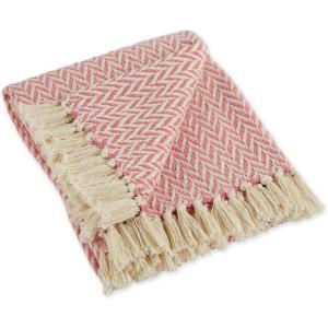 imageDII Modern Zig Zag Throw Blanket Woven Cotton HandKnotted 25quot Fringe 50x60 NaturalBlush Pink