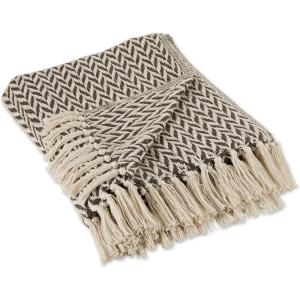 imageDII Modern Zig Zag Throw Blanket Woven Cotton HandKnotted 25quot Fringe 50x60 NaturalDark Brown