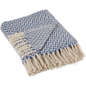 imageDII Modern Zig Zag Throw Blanket Woven Cotton HandKnotted 25quot Fringe 50x60 NaturalFrench Blue