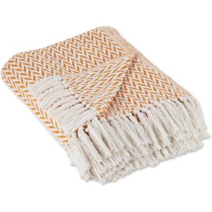 imageDII Modern Zig Zag Throw Blanket Woven Cotton HandKnotted 25quot Fringe 50x60 NaturalPumpkin Spice