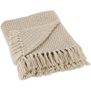 imageDII Modern Zig Zag Throw Blanket Woven Cotton HandKnotted 25quot Fringe 50x60 NaturalStone