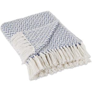 imageDII Modern Zig Zag Throw Blanket Woven Cotton HandKnotted 25quot Fringe 50x60 NaturalStonewash Blue