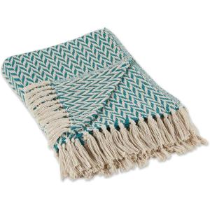 imageDII Modern Zig Zag Throw Blanket Woven Cotton HandKnotted 25quot Fringe 50x60 NaturalTeal