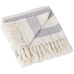 imageDII Rustic Farmhouse Cotton Cabana Striped Blanket Throw with Fringe 50 x 60  Cabana Striped Gray ampamp OffWhiteFrench Blue