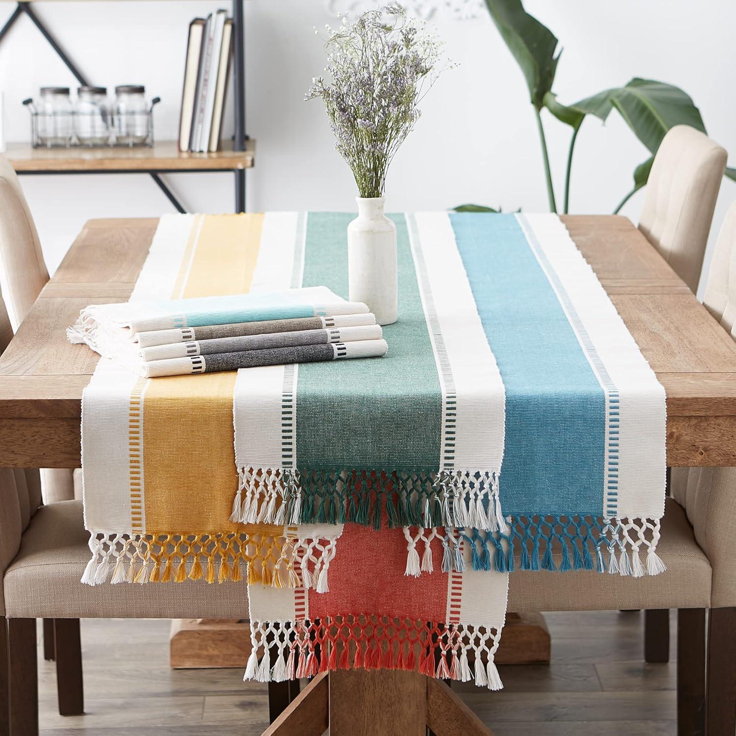 imageDII Dobby Stripe Woven Table Runner 13x108 13x1135 Fringe Included Mineral GrayAqua
