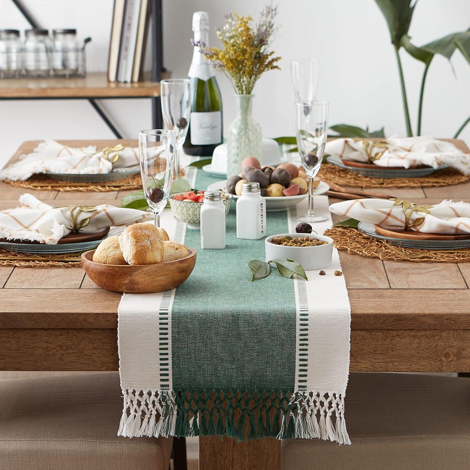 imageDII Dobby Stripe Woven Table Runner 13x108 13x1135 Fringe Included Mineral GrayDark Green