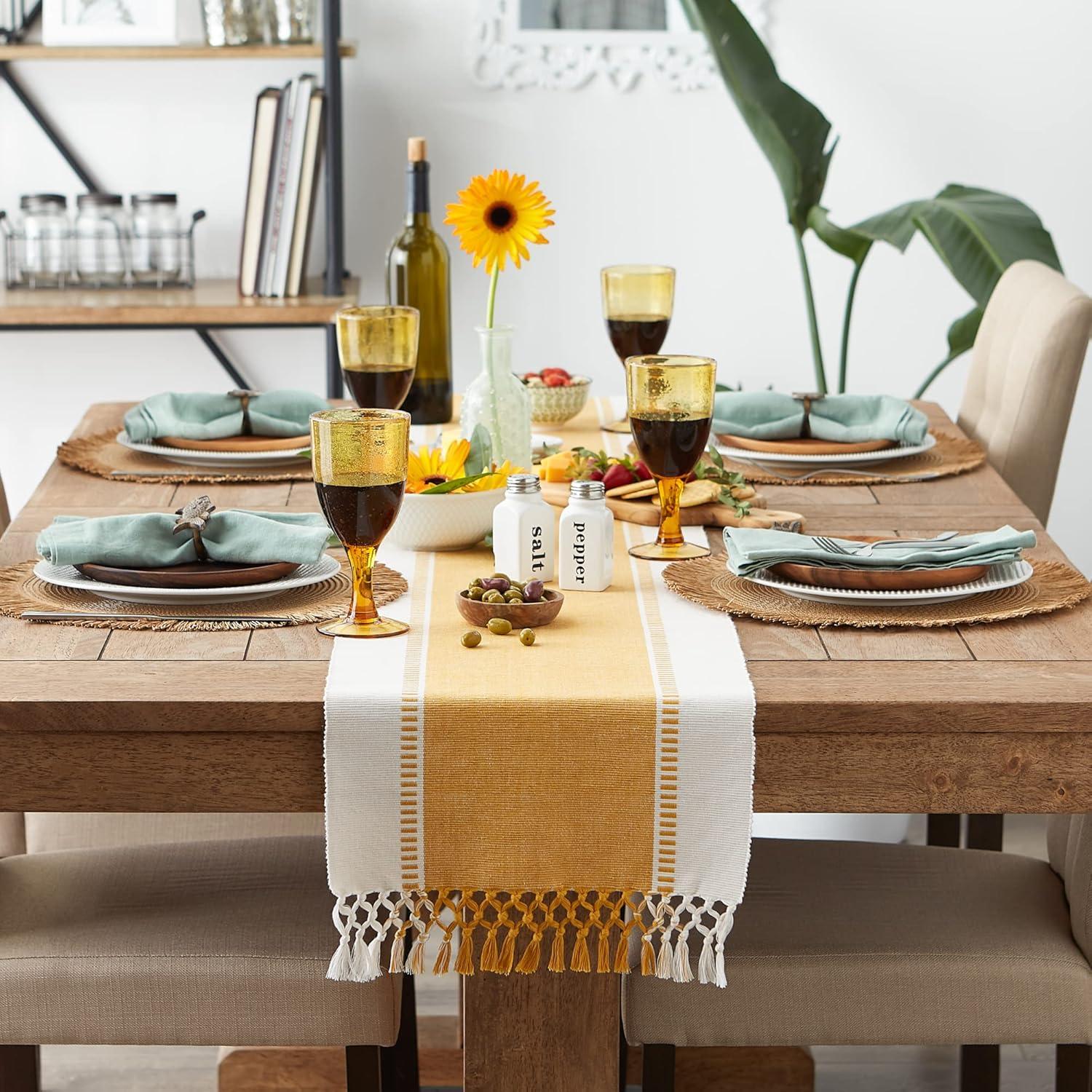 imageDII Dobby Stripe Woven Table Runner 13x108 13x1135 Fringe Included Mineral GrayHoney Gold