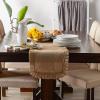 imageDII Jute Burlap Collection Kitchen Tabletop Table Runner 14x72 Double Border Barn RedRuffle Trim Natural