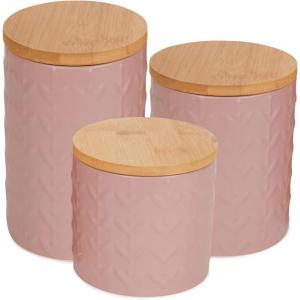 imageDII Kitchen Accessories Collection Textured Matte Ceramic Canister Set Mushroom Vine 3 PiecePale Mauve