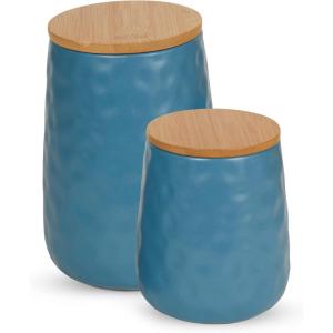 imageDII Kitchen Accessories Collection Textured Matte Ceramic Canister Set Mushroom Vine 3 PieceStorm Blue