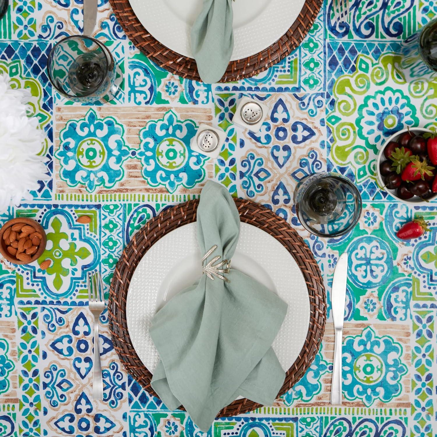 imageDII Spanish Tile Print Collection Vinyl MultiUse Flannel Backed Tablecloth Rectangle 60x84 Spanish TileSpanish Tile