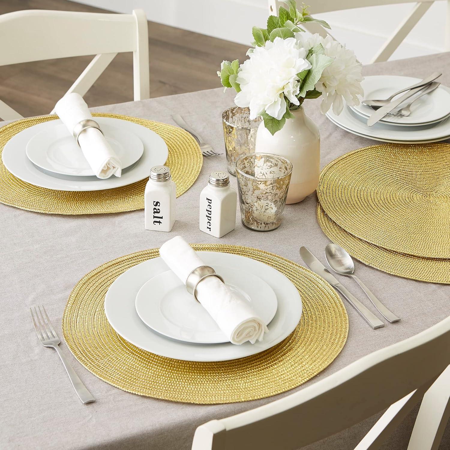 imageDII Woven Placemats Collection Metallic Round Placemat Set 15quot Champagne 4 PieceGold