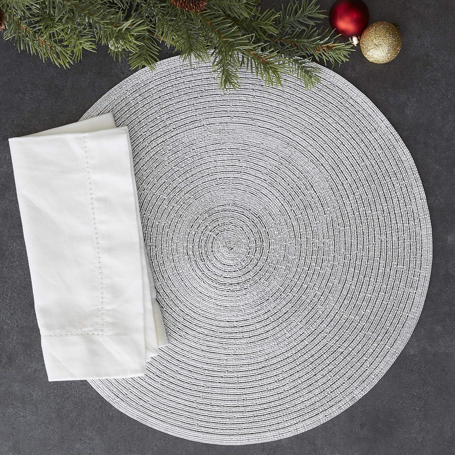 imageDII Woven Placemats Collection Metallic Round Placemat Set 15quot Champagne 4 PiecePlatinum Silver