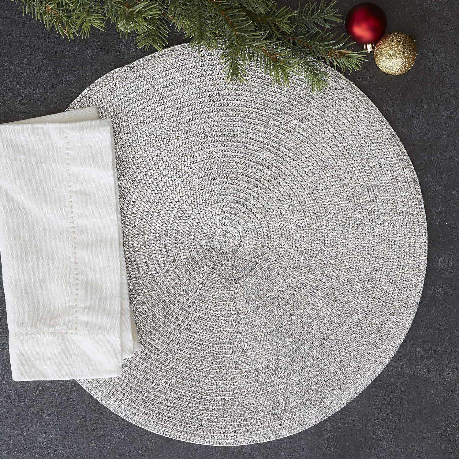 imageDII Woven Placemats Collection Metallic Round Placemat Set 15quot Champagne 4 PieceSilver