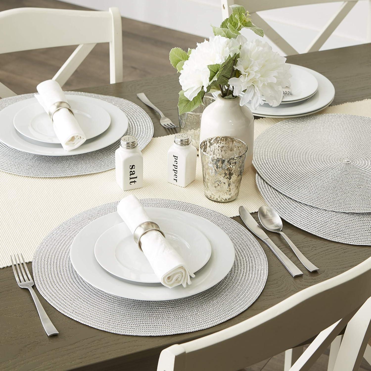 imageDII Woven Placemats Collection Metallic Round Placemat Set 15quot Champagne 4 PieceSilver
