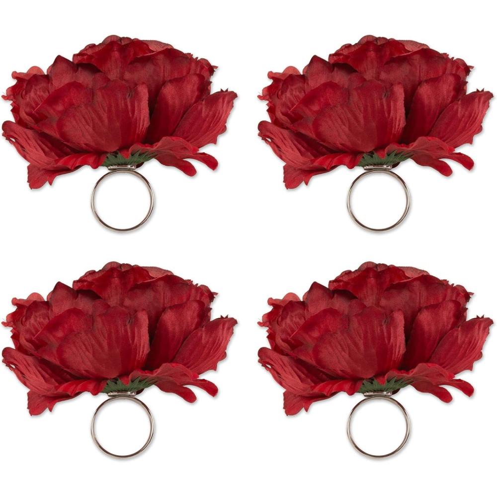 imageDII Beautiful Peony Flower Napkin Rings Deep Red 4 PieceDeep Red