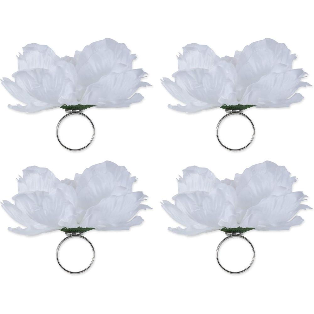 imageDII Beautiful Peony Flower Napkin Rings Deep Red 4 PieceWhite