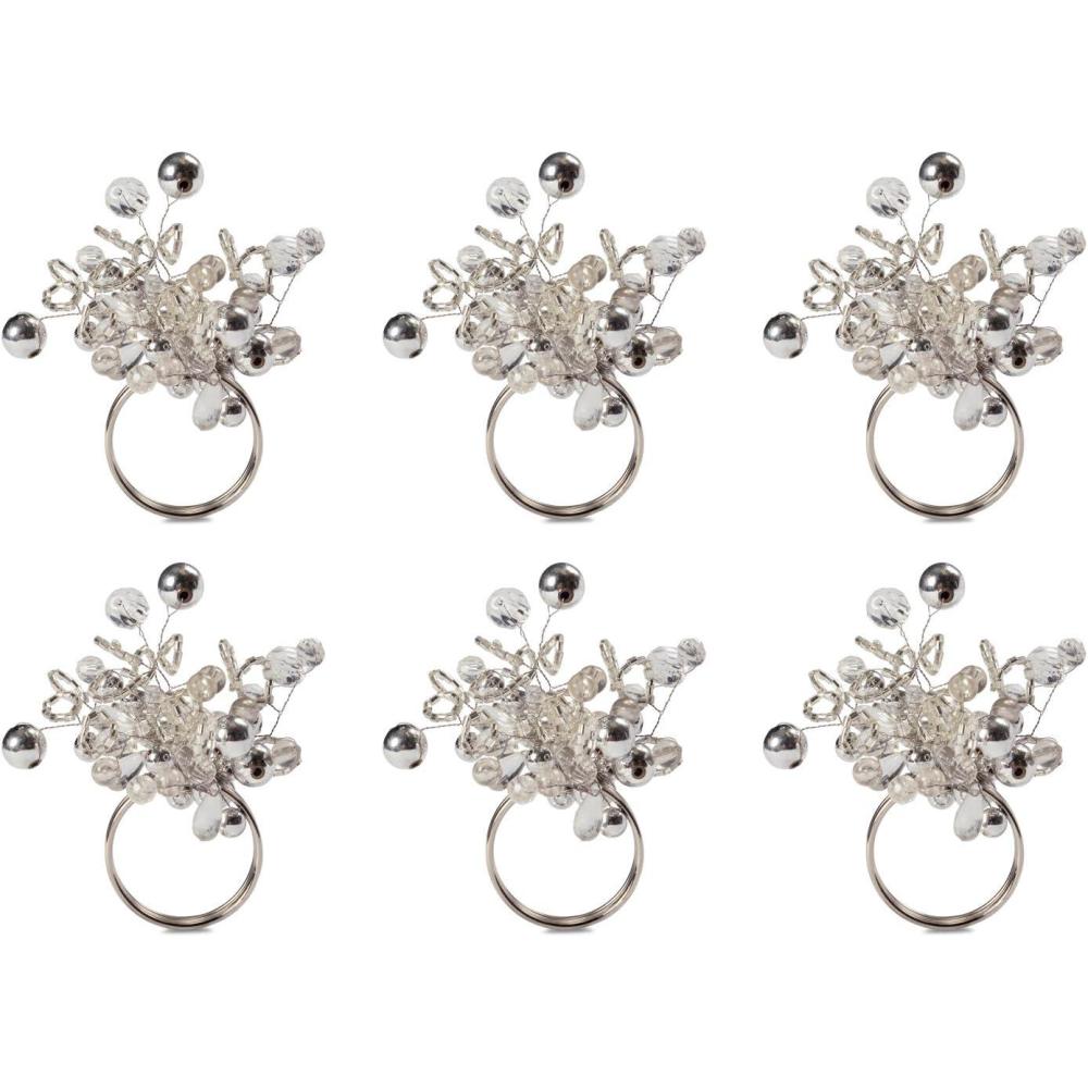 imageDII Christmas Thanksgiving Holiday Tabletop Dcor Collection Decorative Napkin Ring Holder Set 225quot Diameter Gold Vine 6 PieceSilver Beaded Cluster