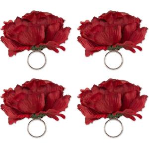 imageDII Beautiful Peony Flower Napkin Rings Deep Red 4 PieceDeep Red