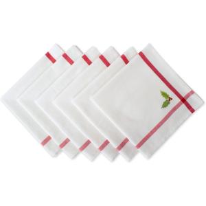imageDII Holiday Kitchen and Table Dcor Christmas Cloth Square Napkin Set Dark Green Plaid 6 CountWhite With Red Border  Embroidered Holly Leaves