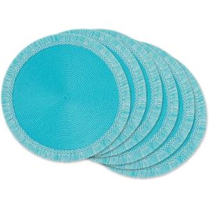 imageDII Woven Placemat Collection Round 1475quot Diameter Storm Blue Fringe 6 PieceAqua Fringe