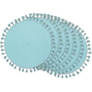 imageDII Woven Placemat Collection Round 1475quot Diameter Storm Blue Fringe 6 PieceAqua Tassel
