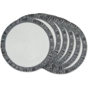 imageDII Woven Placemat Collection Round 1475quot Diameter Storm Blue Fringe 6 PieceWhiteBlack Fringe