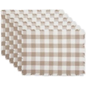 imageDII Heavyweight Fringed Check Tabletop Collection Placemat Set 13x19 Gray 6 PieceStone Brown