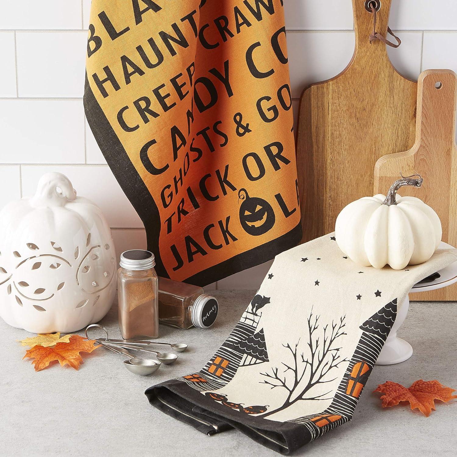 imageDII Halloween Hand Towels for the Kitchen Decorative Spooky ampamp Fun Cotton Printed Dishtowel Set 18x28 JackOLantern 3 CountMonster Bash
