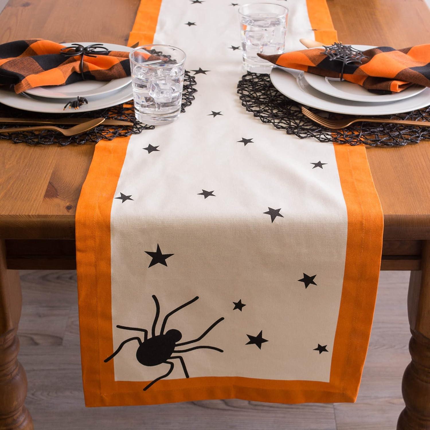 imageDII Halloween Tabletop Collection Bold Black StarsSpooky Spider with Orange Border on OffWhite Natural Background Machine Washable 14x72 Table Runner14x108 Table Runner